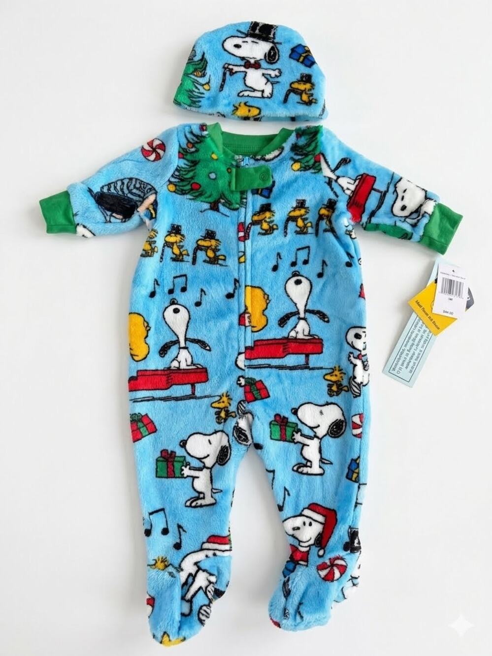 NEW! 3M Peanuts Snoopy Infant Pajamas Fleece Footed Union Suit w/Beanie Blue